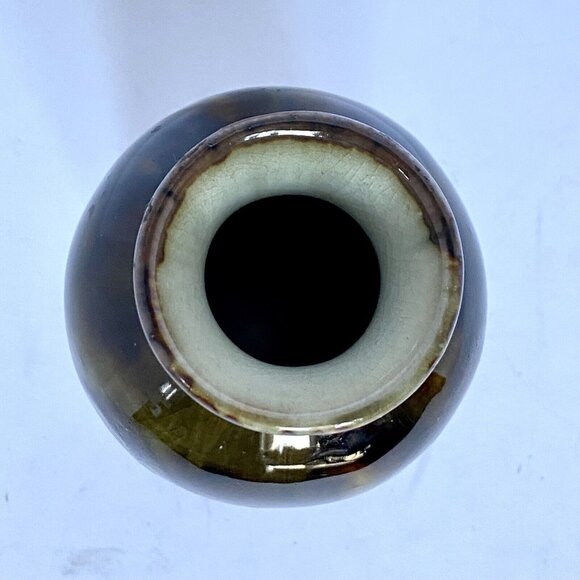 Studio Art Pottery Flower Vase Moss Green Wine Red Brown Crackle Glaze 5.75” - Picture 5 of 8